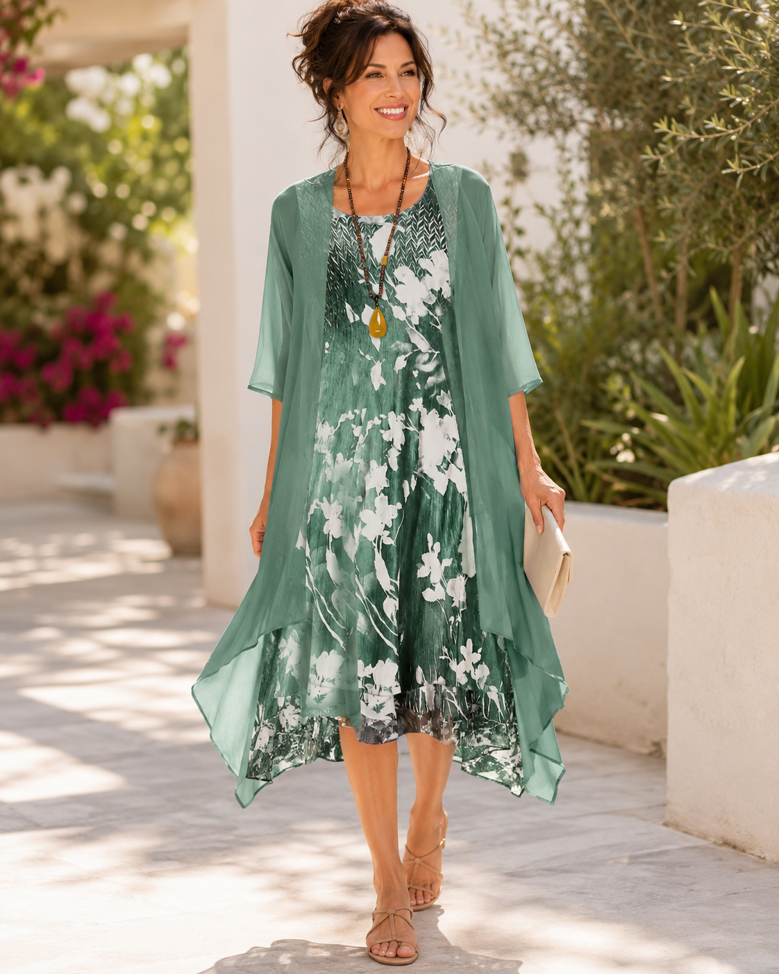 Floral Print Chiffon Overlay Two Layer Midi Dress 5