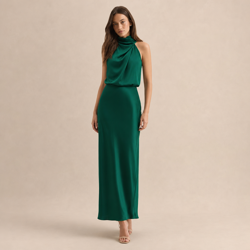 Satin Cowl Halter Neck Bias Cut Maxi Dress 17