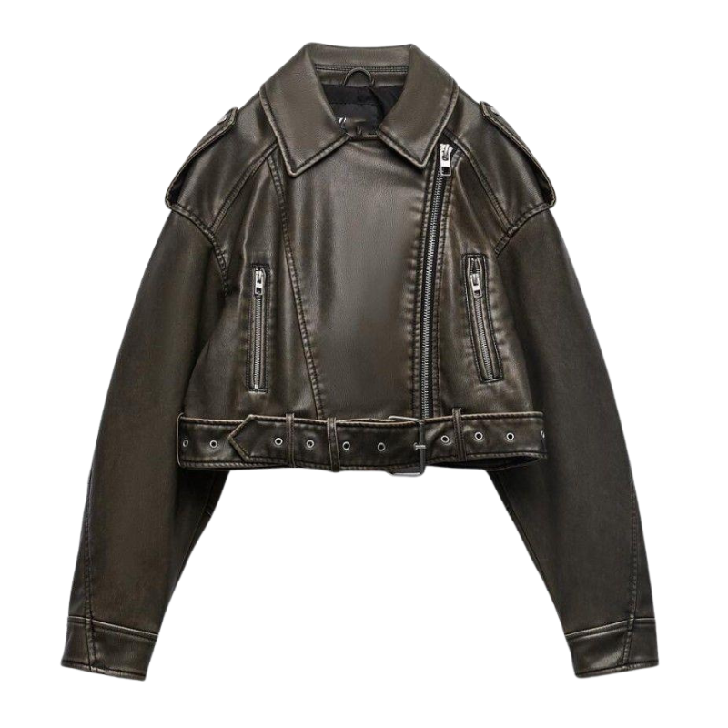 Faux Leather Lapel Belted Cropped Moto Jacket 6