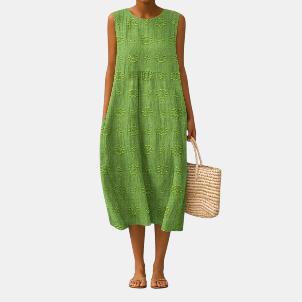 Textured Floral Crew Neck Sleeveless A-Line Midi Dress 2