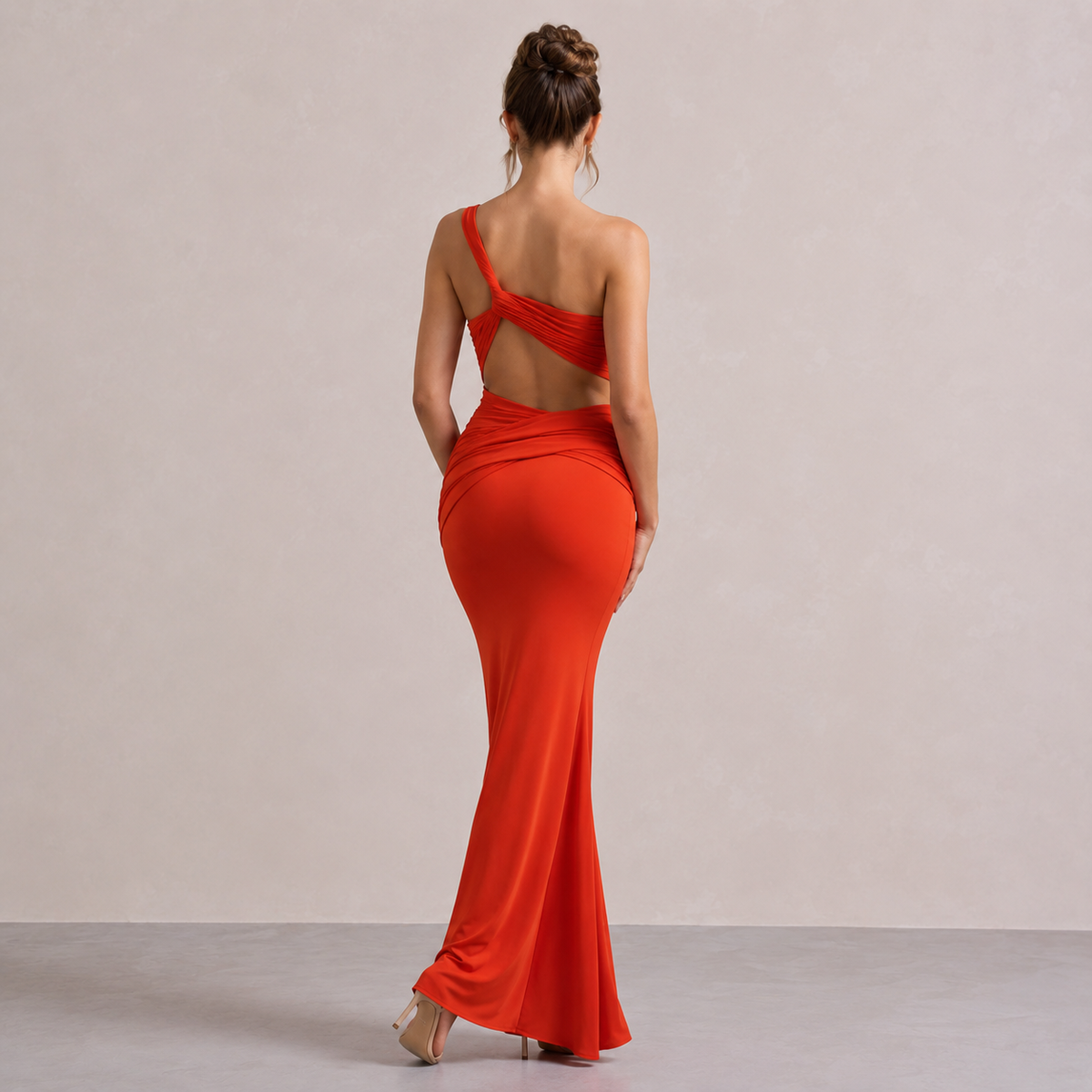 One Shoulder Waist Cut Out Ruched Fishtail Maxi Dress 12