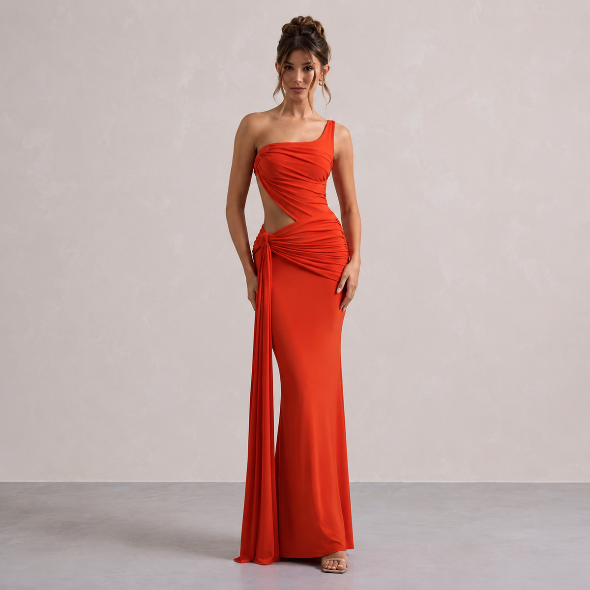 One Shoulder Waist Cut Out Ruched Fishtail Maxi Dress 10