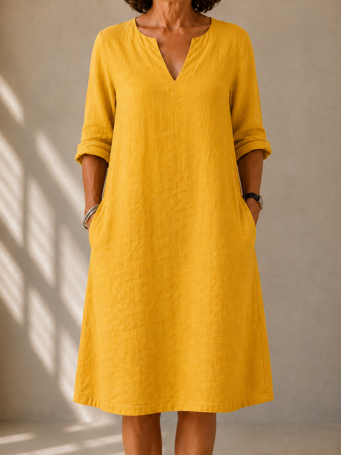 Linen Look Notch V-Neck Long Sleeve Pocket Shift Dress
