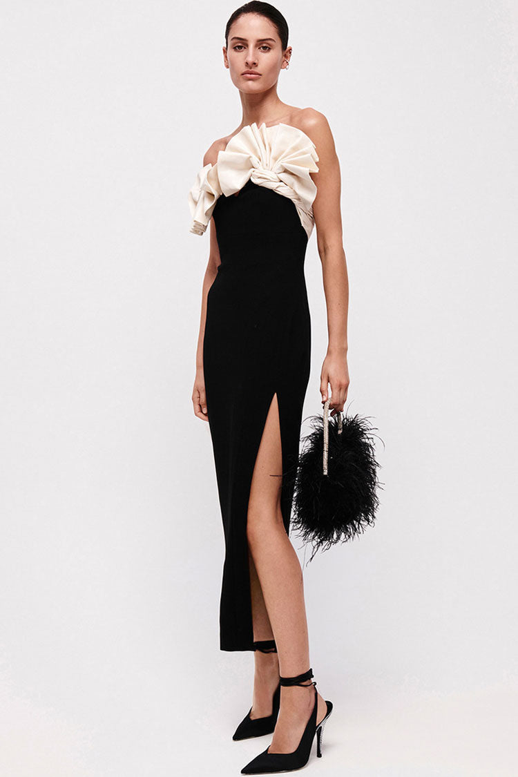Oriental Pleated Fan Contrast Cocktail Party Midi Dress - Black