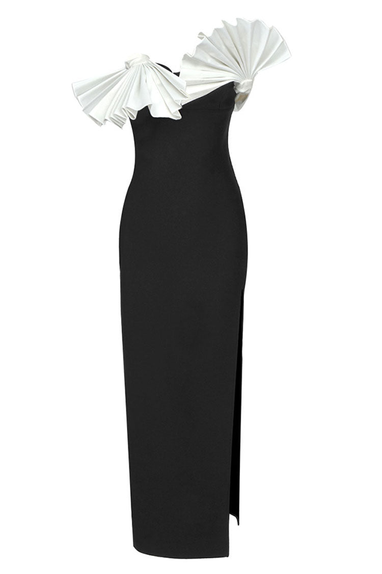 Oriental Pleated Fan Contrast Cocktail Party Midi Dress - Black - View 2
