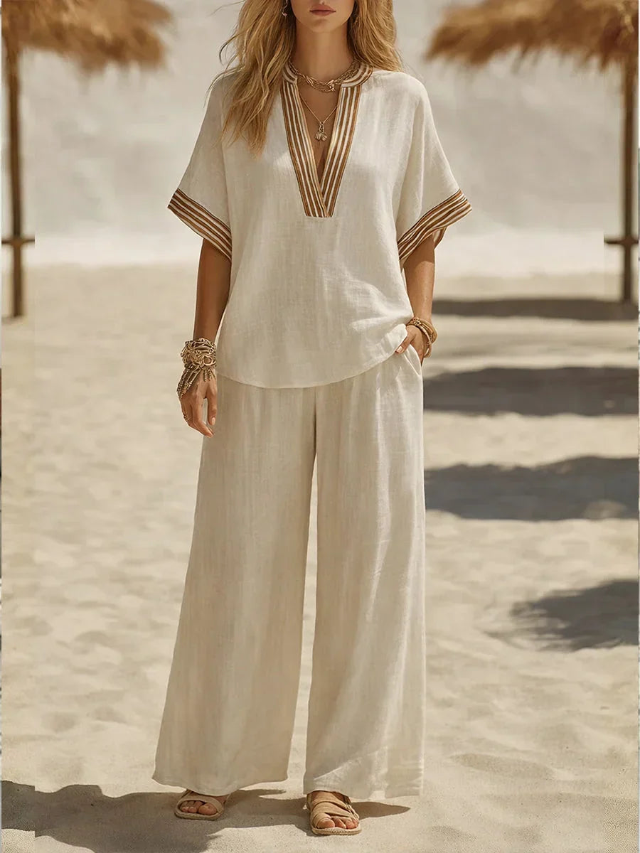 Contrast Stripe V-Neck Top and Wide Leg Pants Two Piece Set