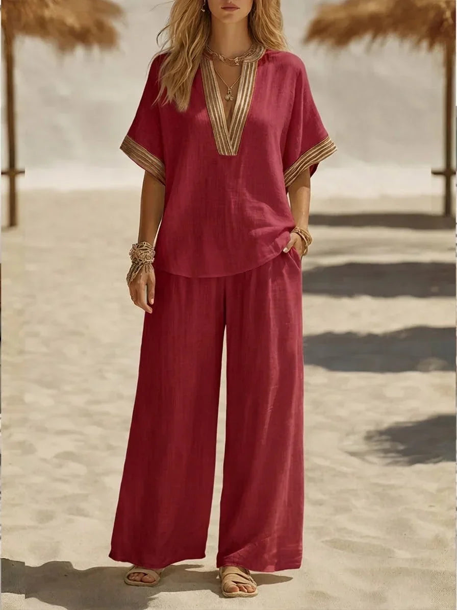 Contrast Stripe V-Neck Top and Wide Leg Pants Two Piece Set 5