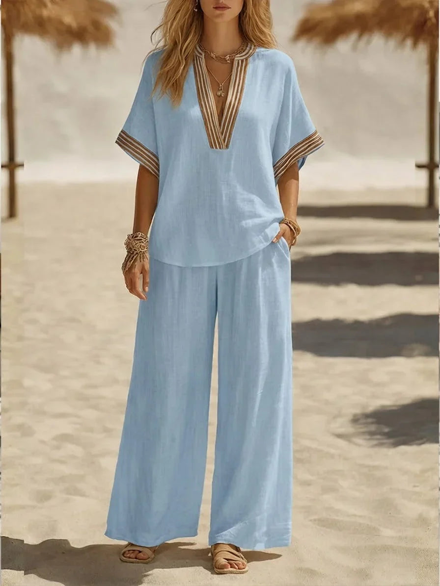 Contrast Stripe V-Neck Top and Wide Leg Pants Two Piece Set 3
