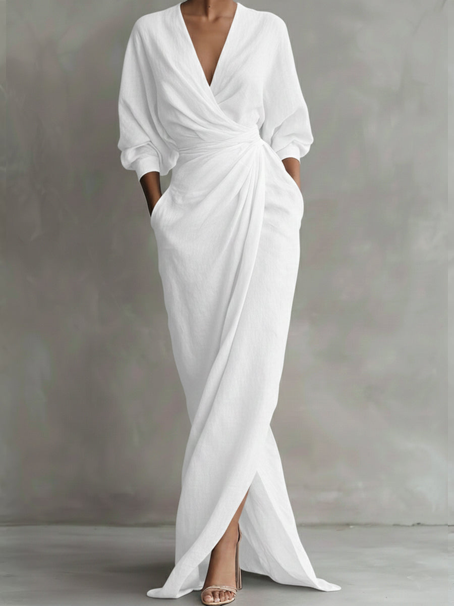 V-Neck Long Sleeve Wrap Draped Maxi Dress 5