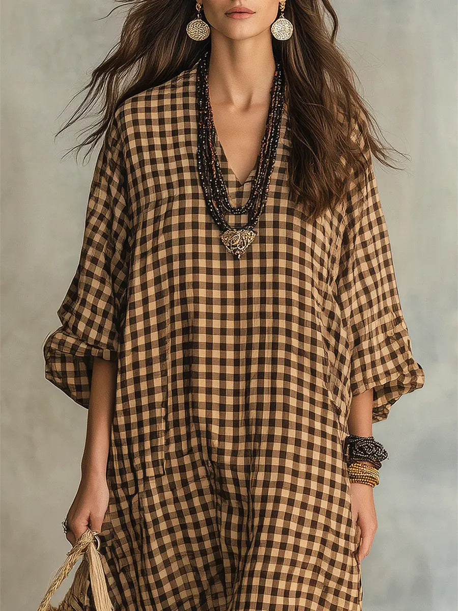 Gingham Check V-Neck Long Sleeve Oversized Maxi Dress 2