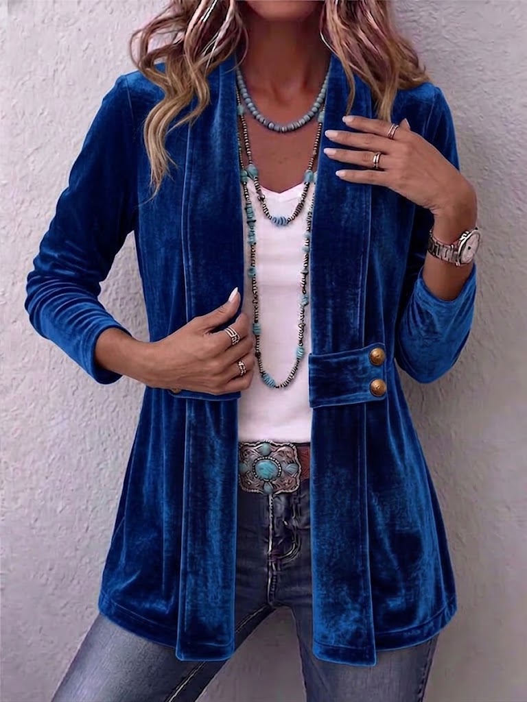 Open Front Flap Pocket Button Velvet Jacket 3