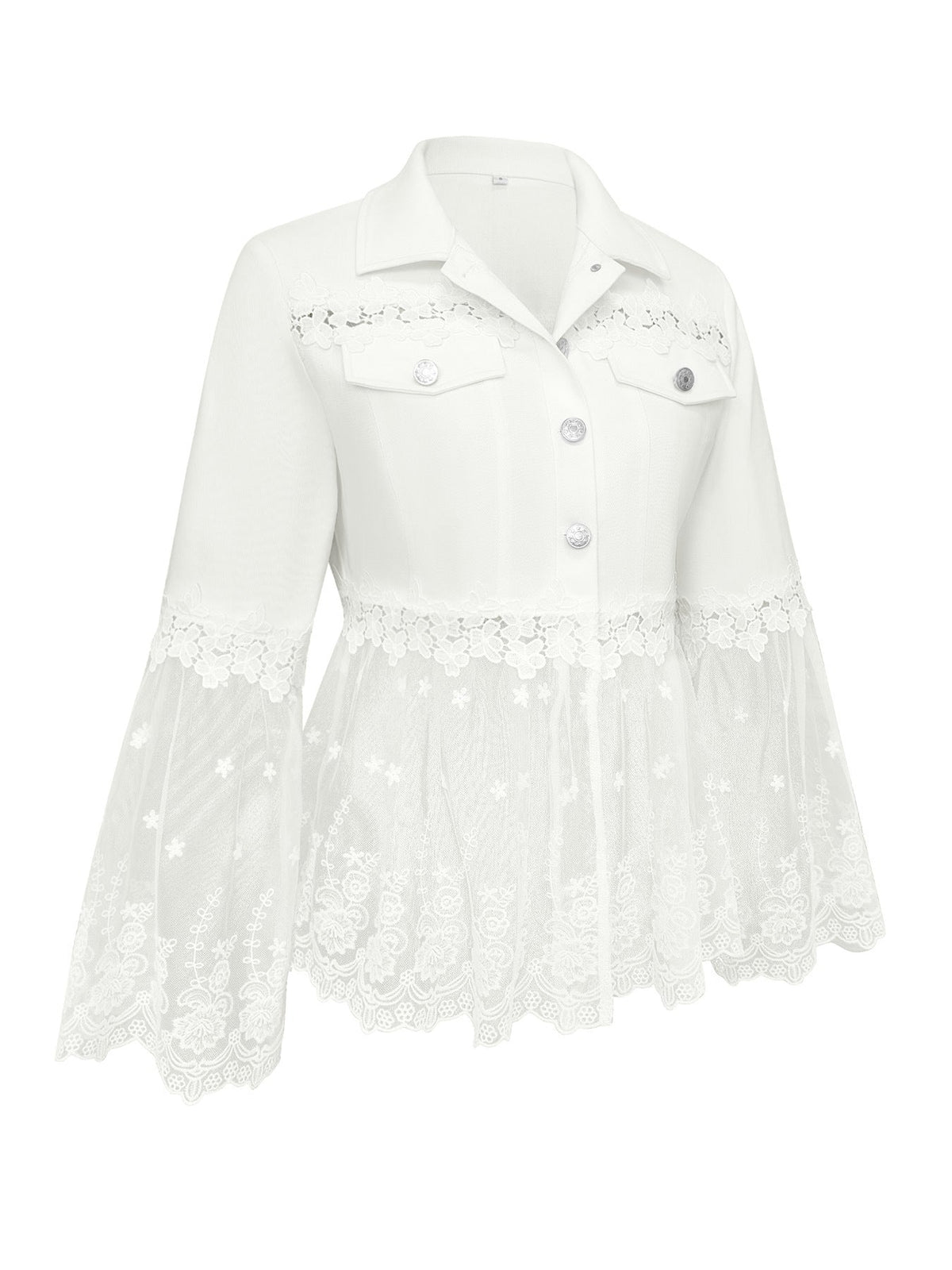 Lace Panel Mesh Hem Button Front Denim Jacket 3