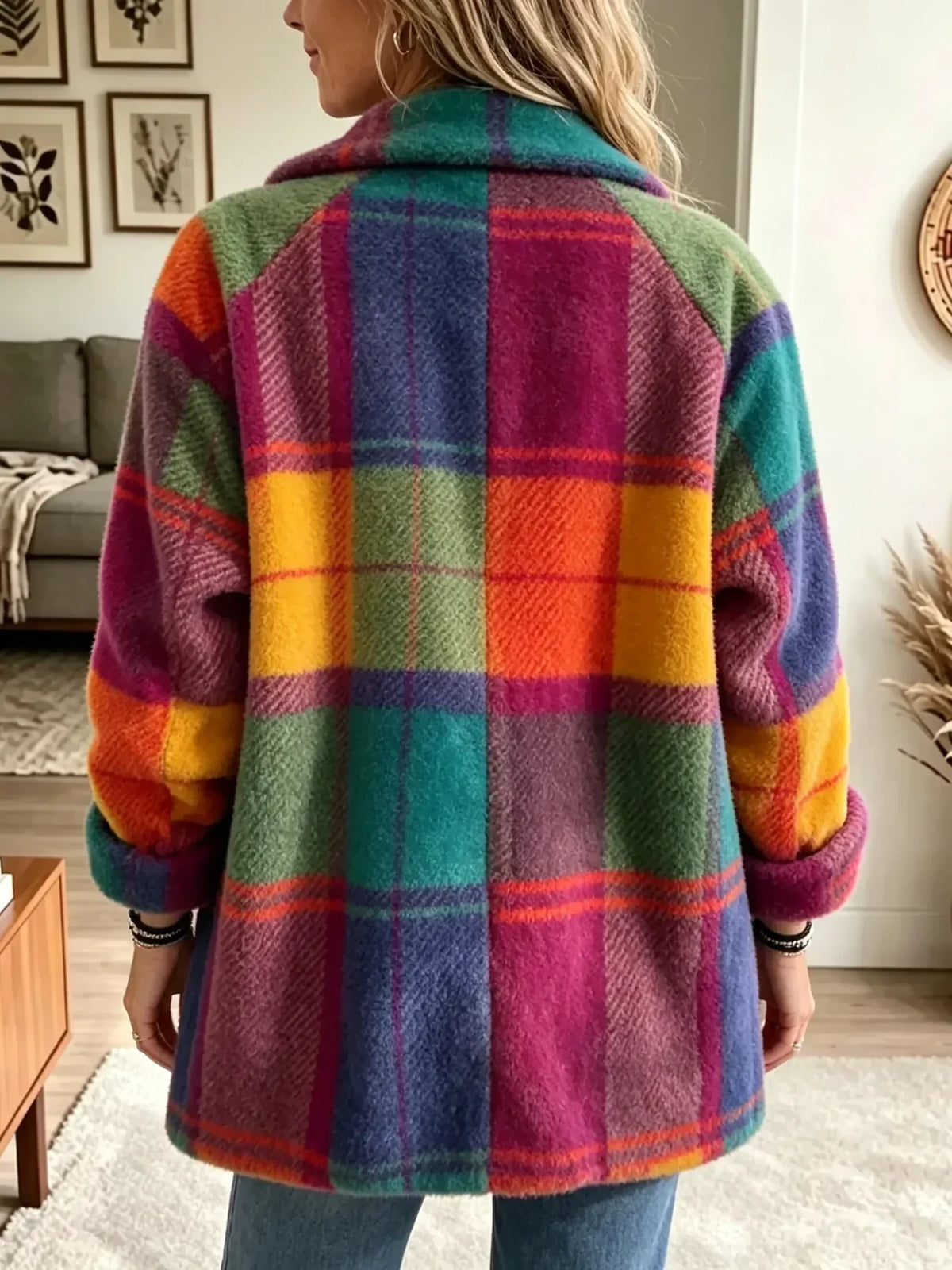Plaid Notch Lapel Single Button Fleece Coat 2
