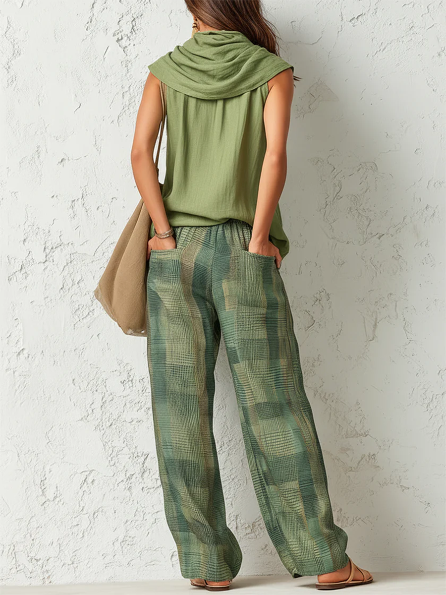 Cowl Neck Sleeveless Top and Plaid Wide Leg Pants Two Piece Set 2