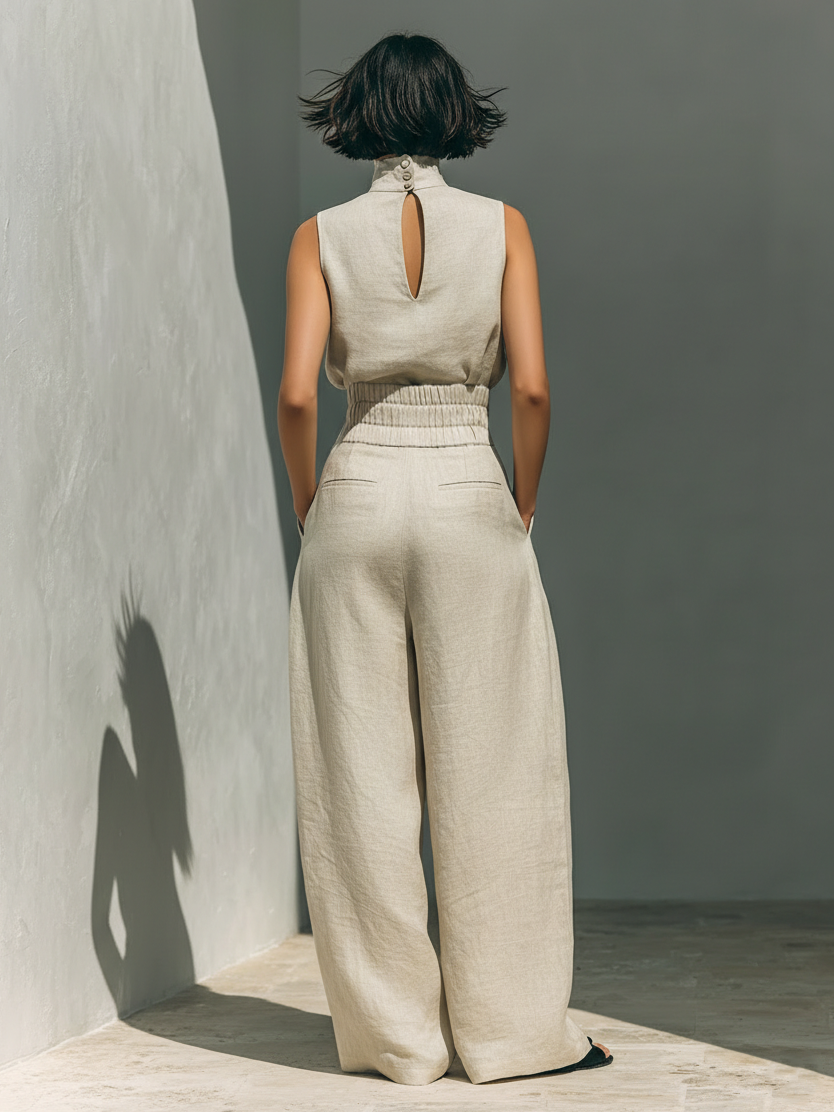Sleeveless Mock Neck Top and Wide Leg Pants Two Piece Set 7