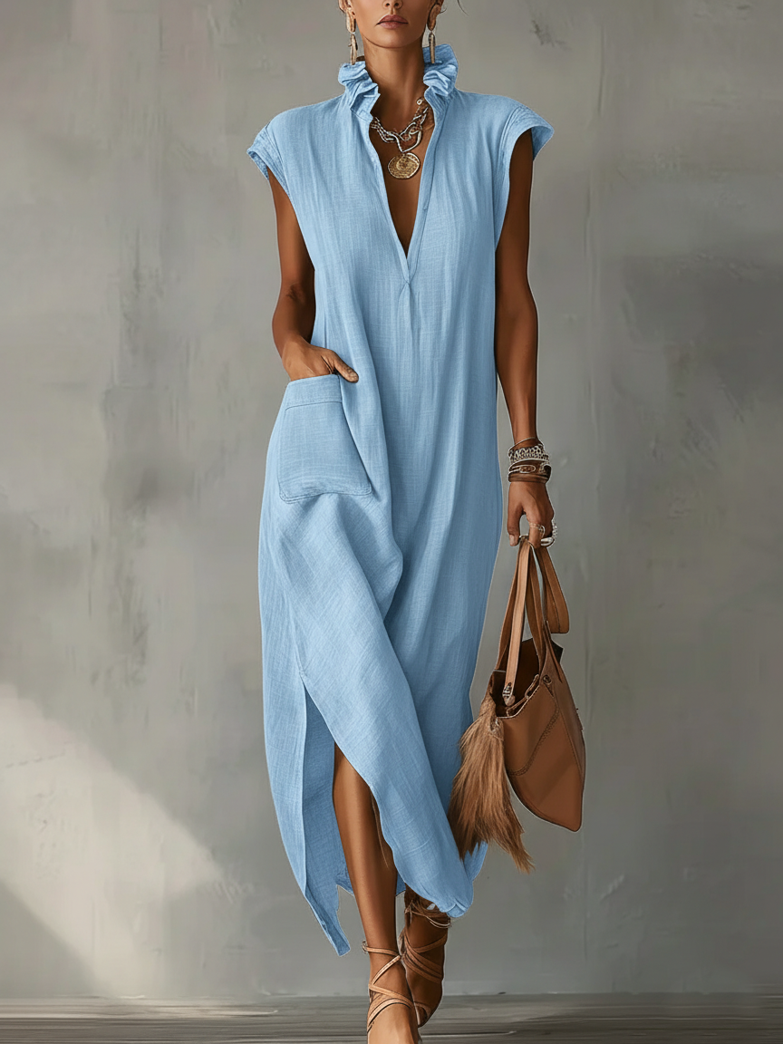 Sleeveless High Neck High Split Linen Look Maxi Dress 5