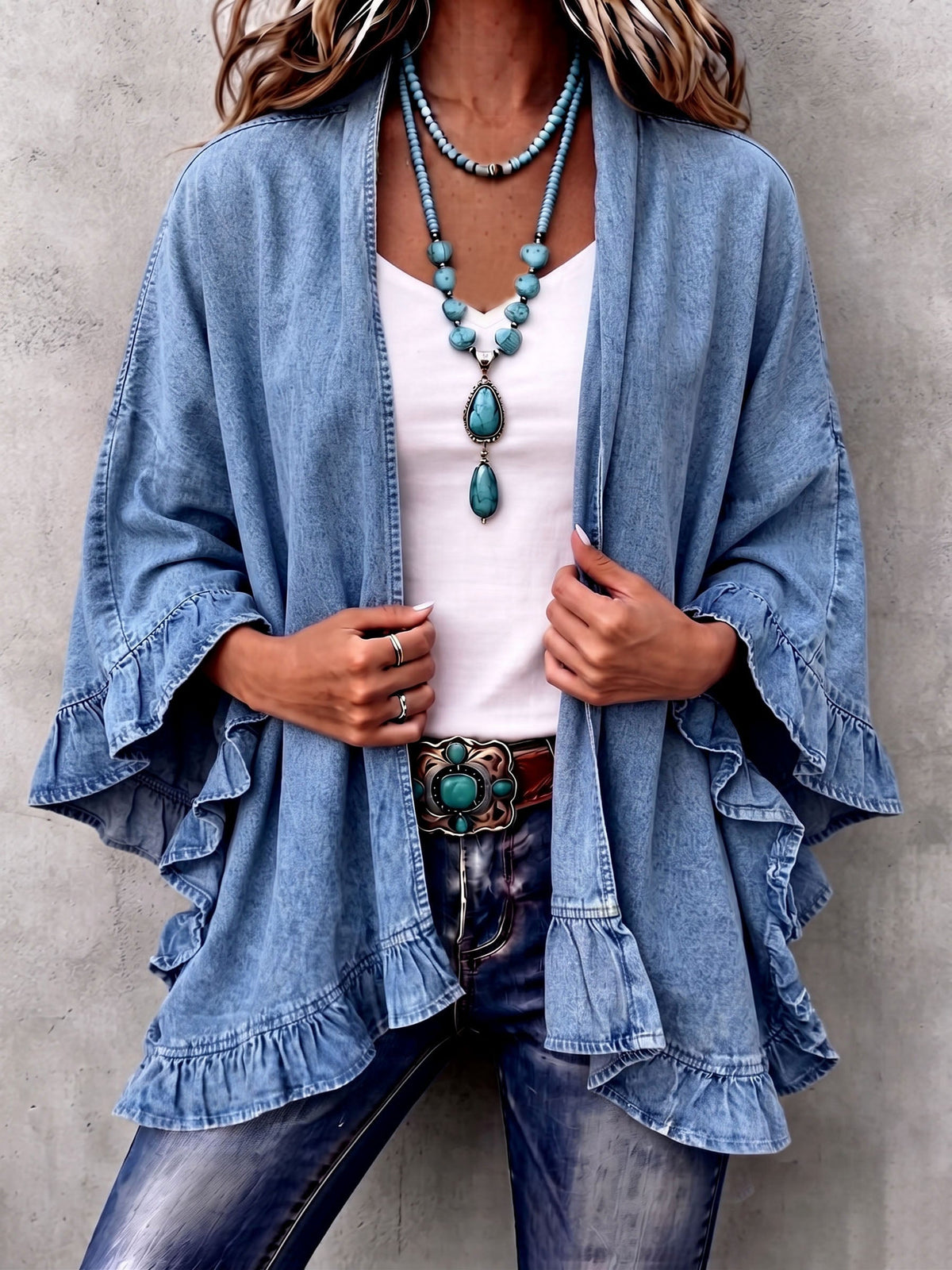 Denim Look Ruffle Trim Open Front Cardigan