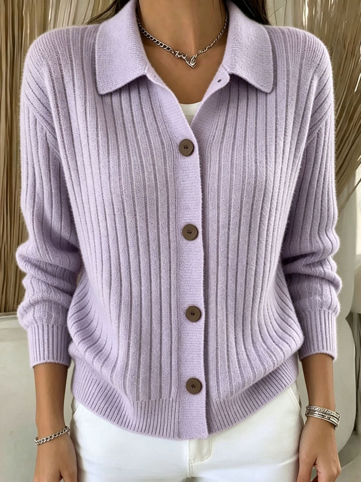 Ribbed Knit Collared Button Front Long Sleeve Cardigan 3