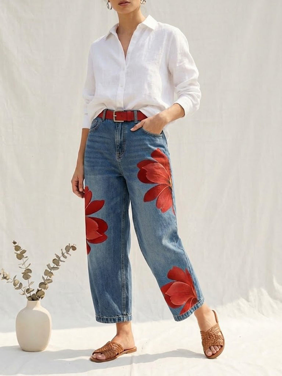 Floral Print High Waist Barrel Leg Cropped Jeans