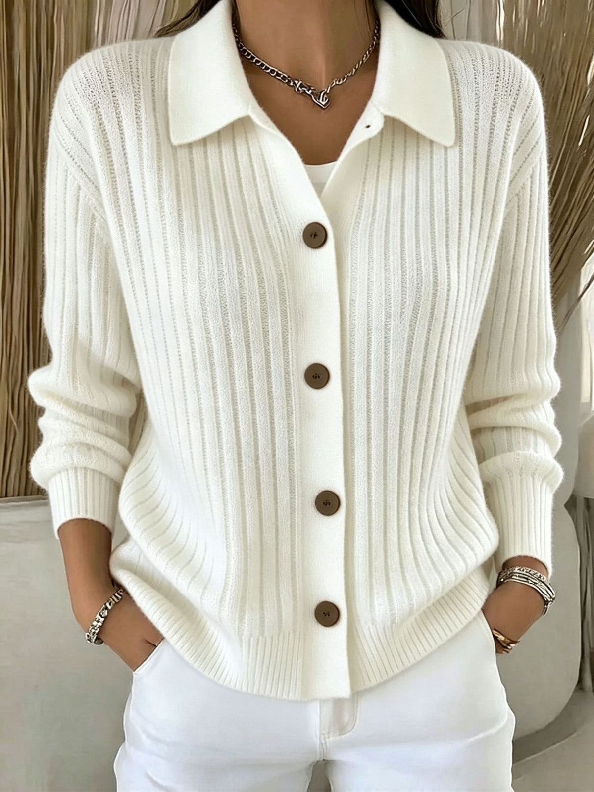 Ribbed Knit Collared Button Front Long Sleeve Cardigan 4
