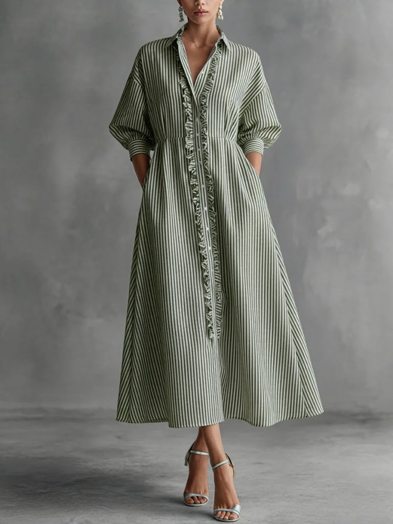 Striped Collared Button Front Ruffle Trim Maxi Shirt Dress 2