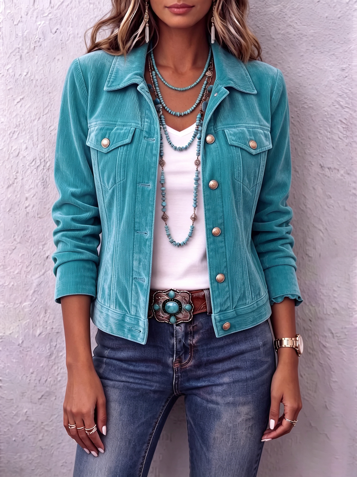 Collared Button Front Chest Pocket Velvet Trucker Jacket 7