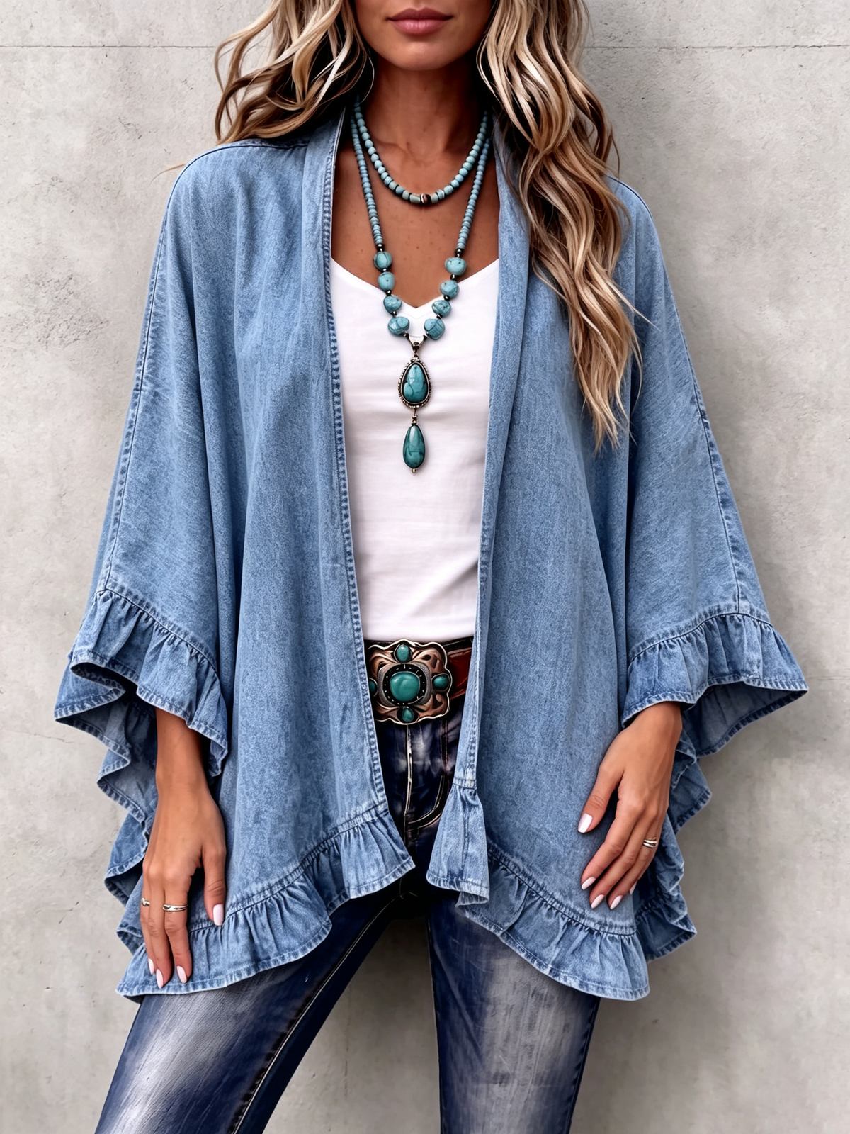 Denim Look Ruffle Trim Open Front Cardigan 3