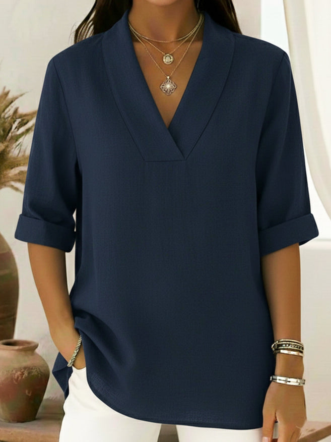 Shawl Collar V-Neck Roll Up Sleeve Blouse 7