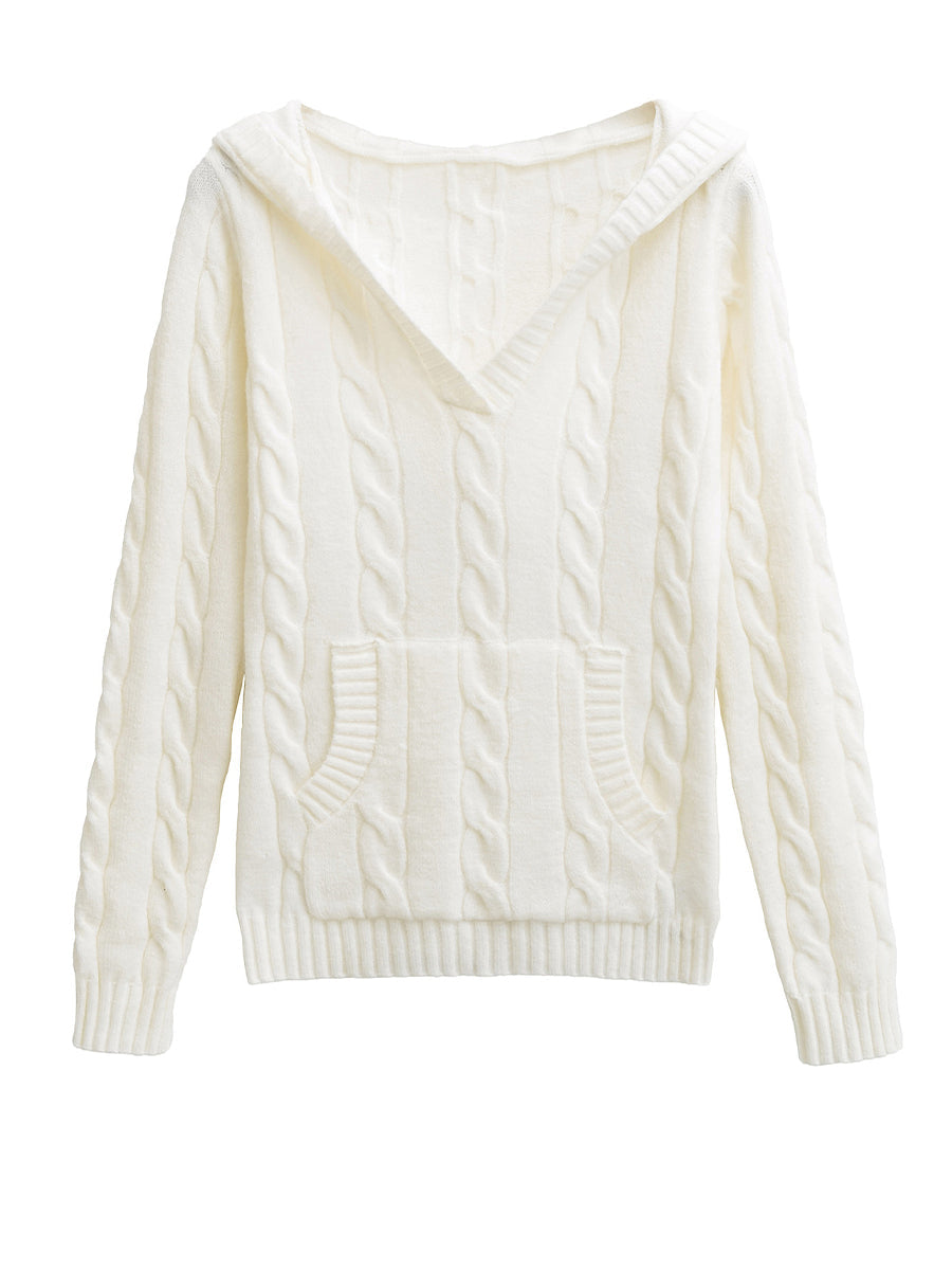 Cable Knit V-Neck Hooded Sweater with Pocket 5