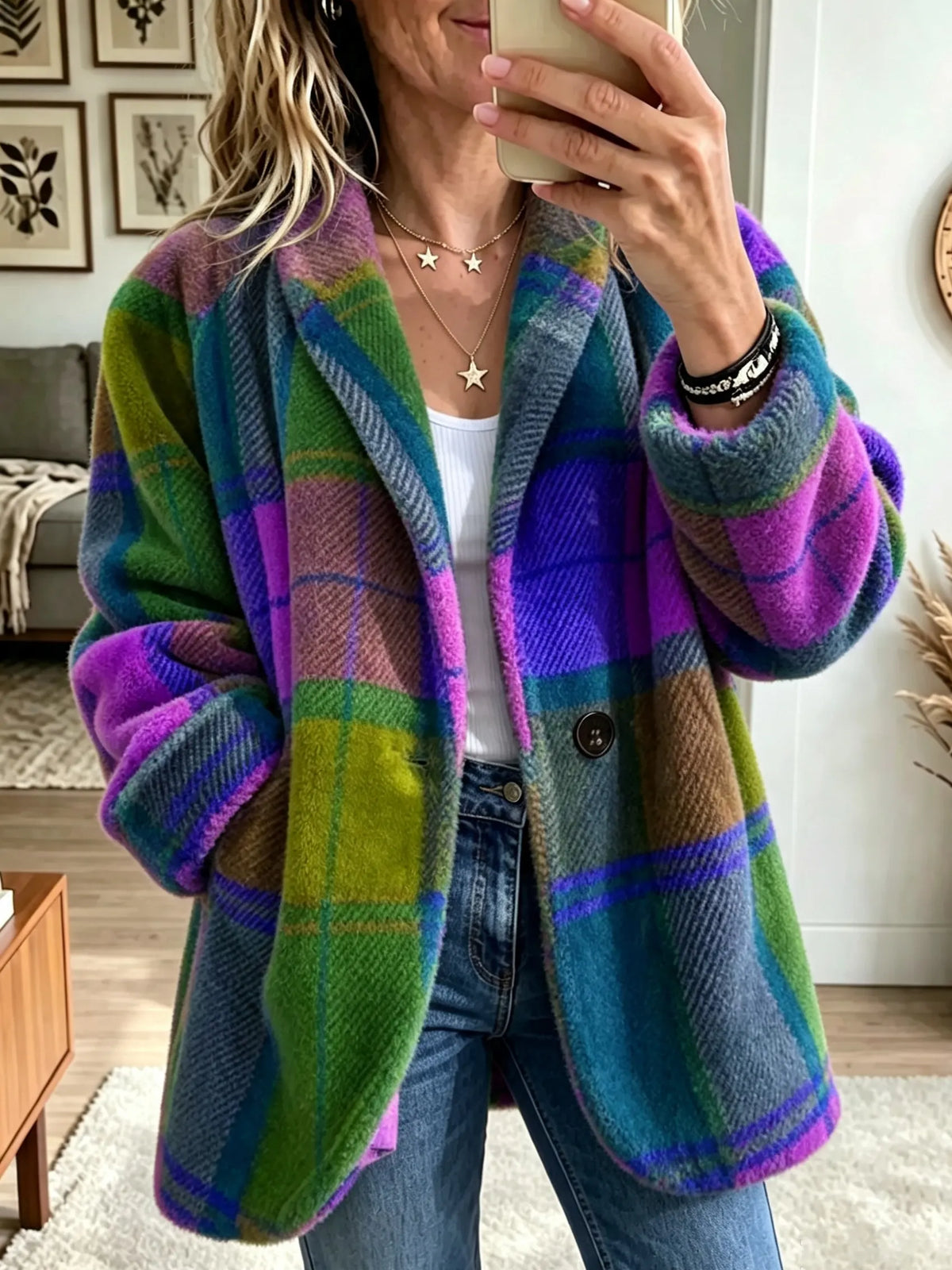 Plaid Check Fuzzy Fleece Notch Lapel Jacket 4