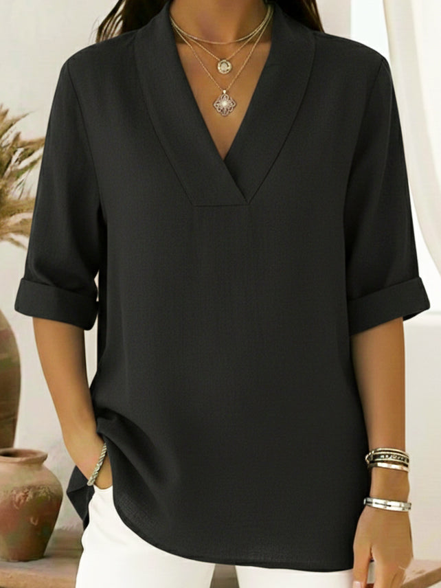 Shawl Collar V-Neck Roll Up Sleeve Blouse 3