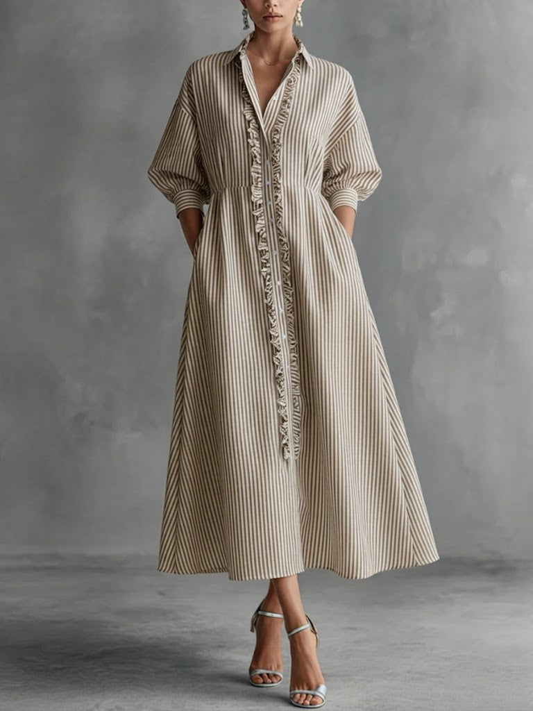 Striped Collared Button Front Ruffle Trim Maxi Shirt Dress 3