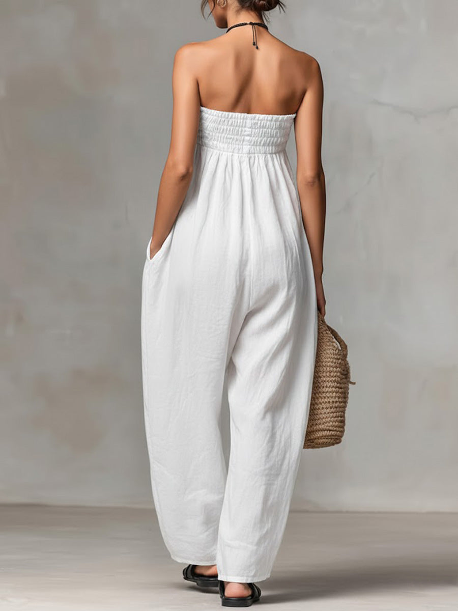 Strapless Smocked Tie Waist Wide Leg Jumpsuit 4