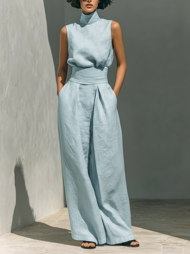 Sleeveless Mock Neck Top and Wide Leg Pants Two Piece Set 2