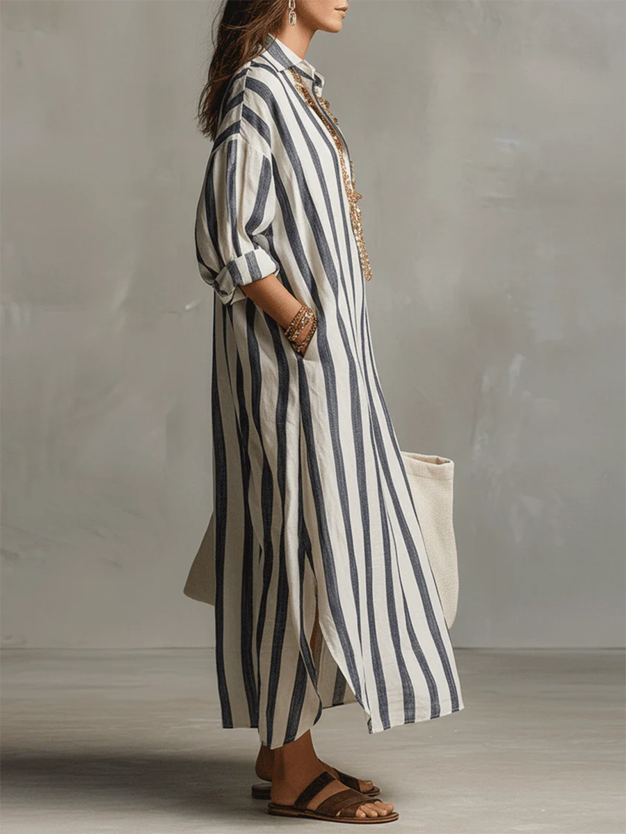 Striped Collared V Placket Long Sleeve Oversized Maxi Shirt Dress 4
