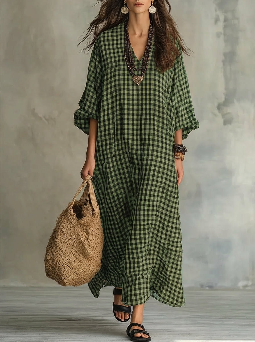 Gingham Check V-Neck Long Sleeve Oversized Maxi Dress 5