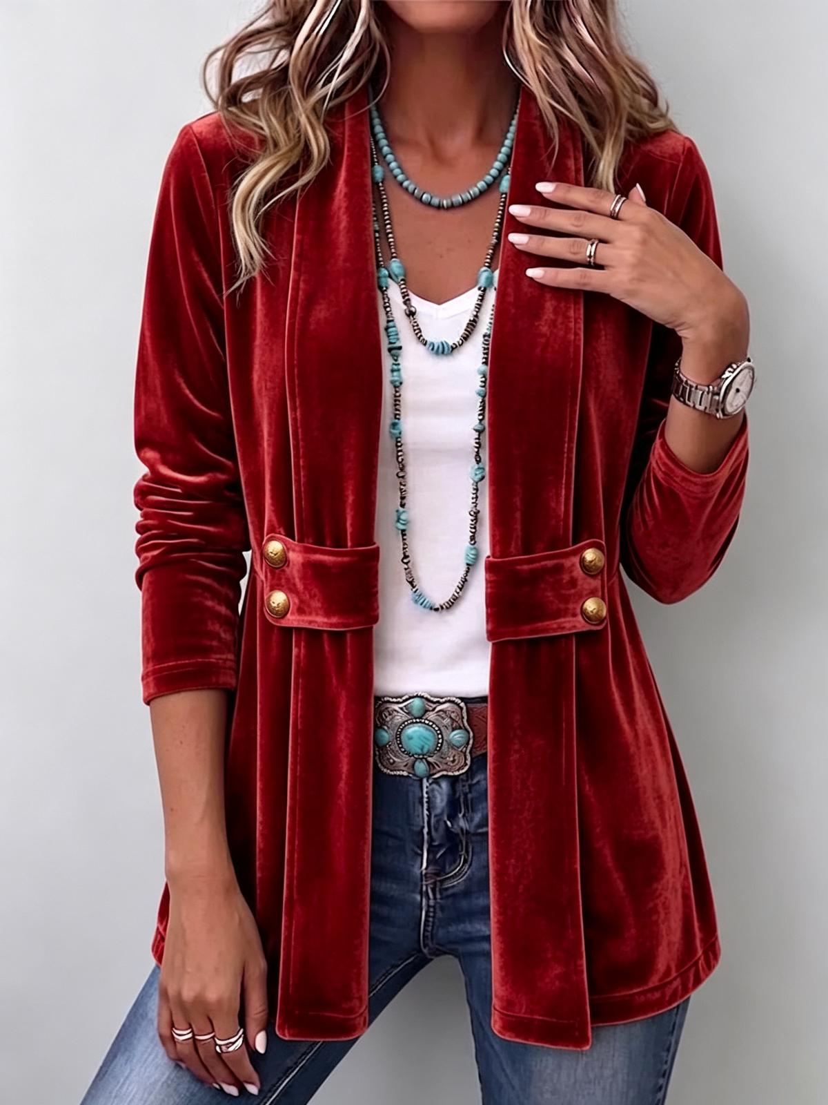 Open Front Flap Pocket Button Velvet Jacket 6