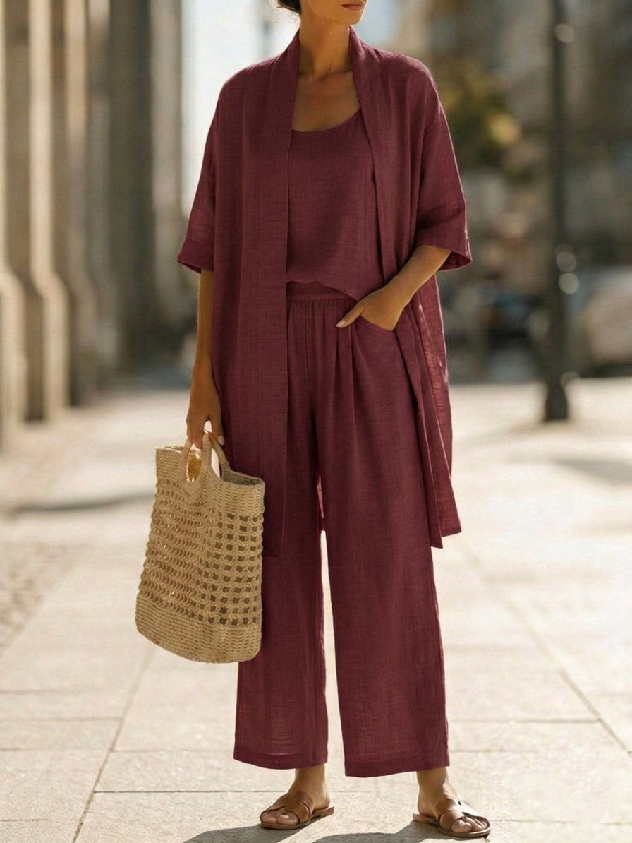 Open Front Duster Tank and Wide Leg Pants Three Piece Set 3