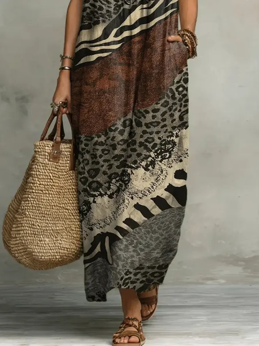 Mixed Animal Print Ruffle V-Neck Cap Sleeve Maxi Dress 3