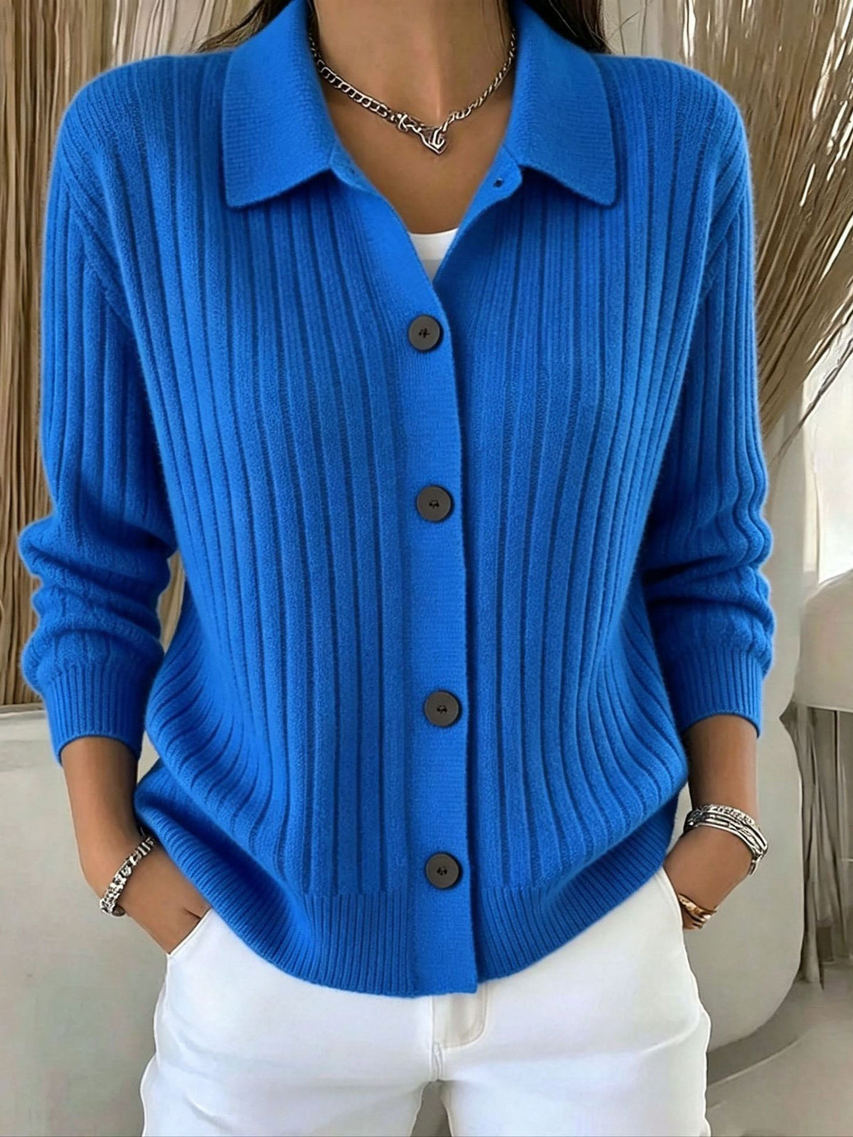Ribbed Knit Collared Button Front Long Sleeve Cardigan