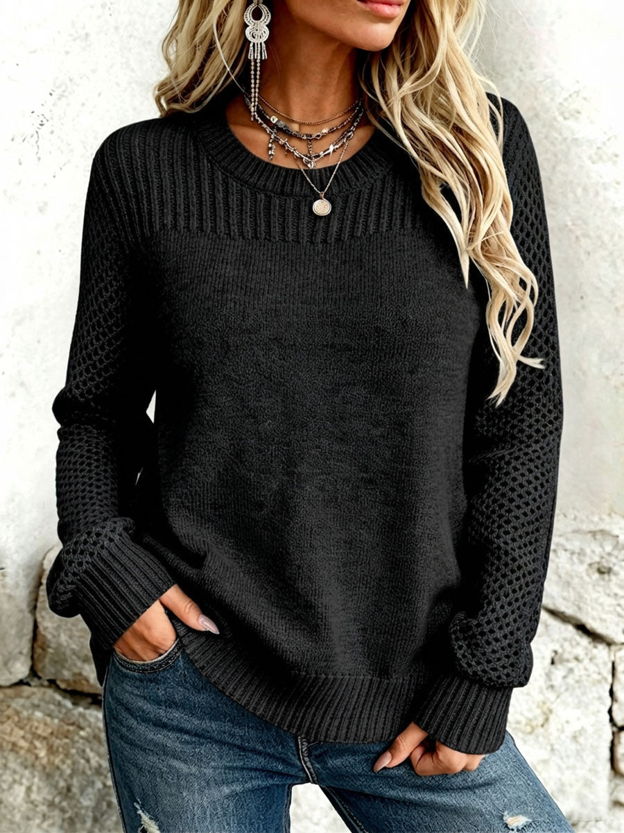Round Neck Open Knit Sleeve Long Sleeve Sweater