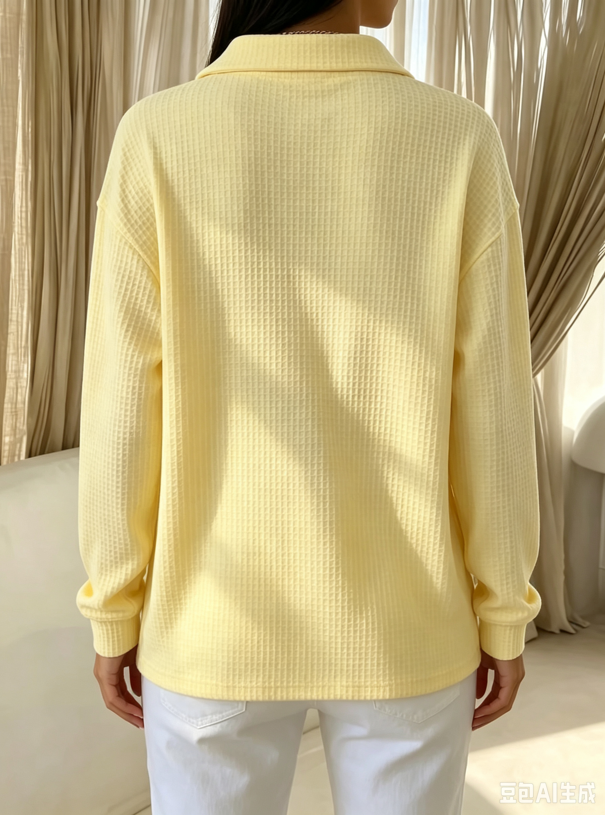 Waffle Knit Collared Long Sleeve Polo Top 2
