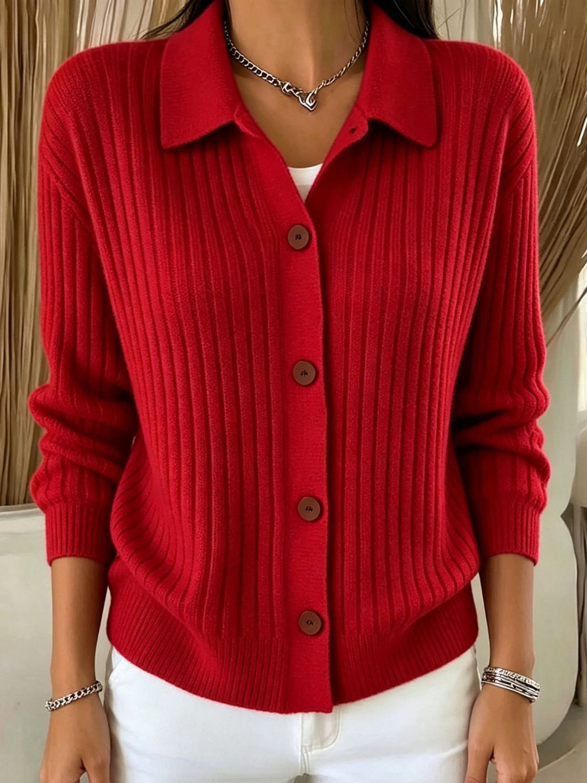 Ribbed Knit Collared Button Front Long Sleeve Cardigan 5