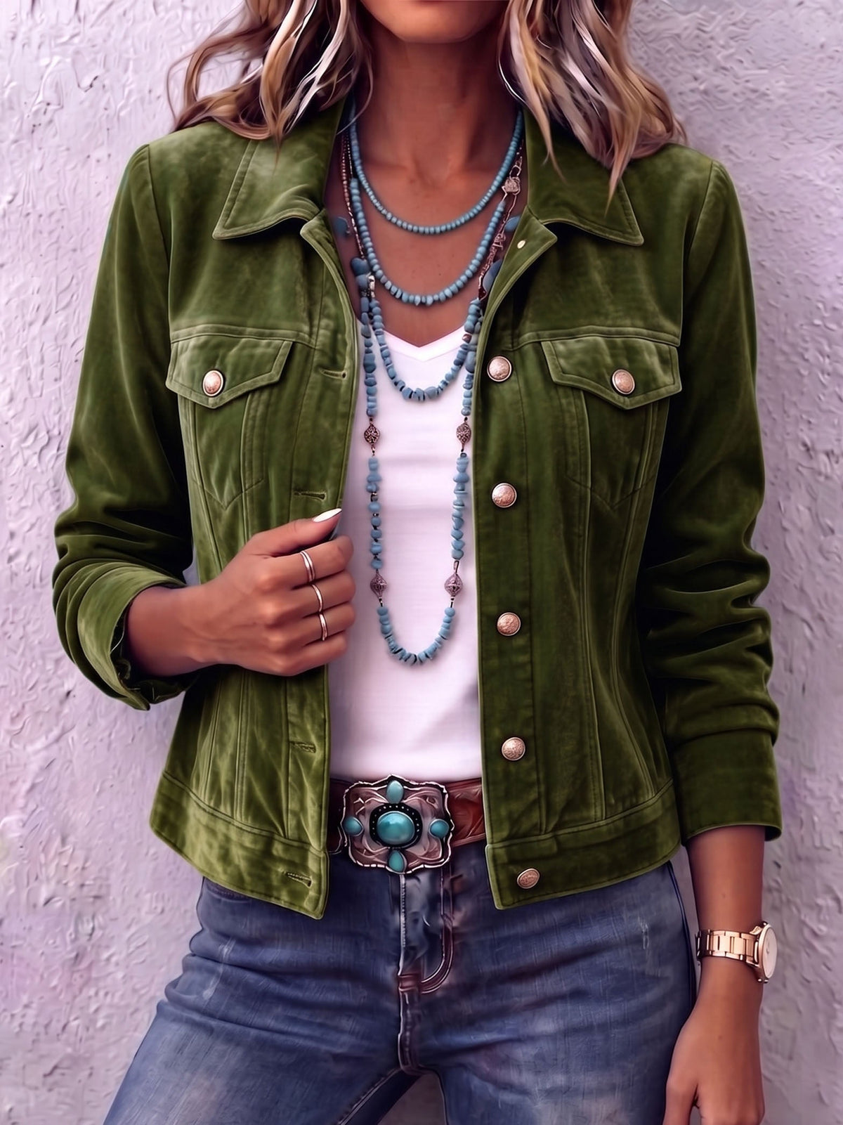 Collared Button Front Chest Pocket Velvet Trucker Jacket 3