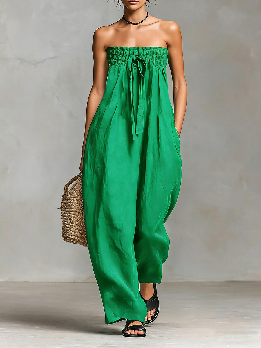 Strapless Smocked Tie Waist Wide Leg Jumpsuit 7