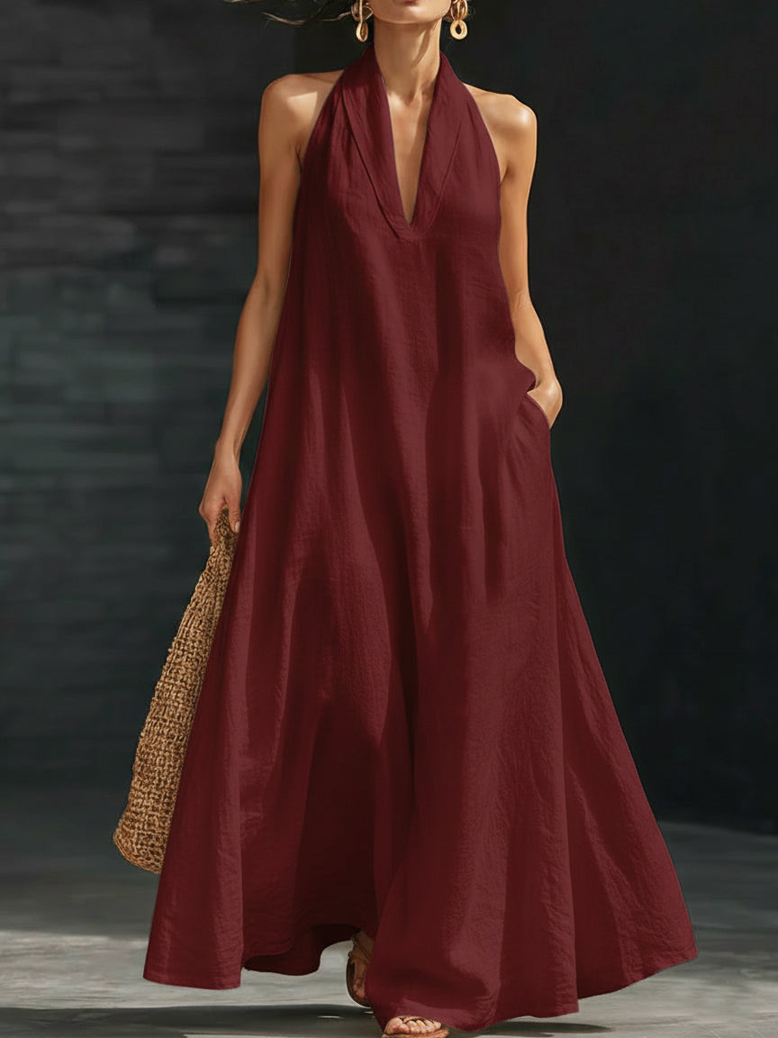 Halter Deep V-Neck Sleeveless Flowy Maxi Dress 3
