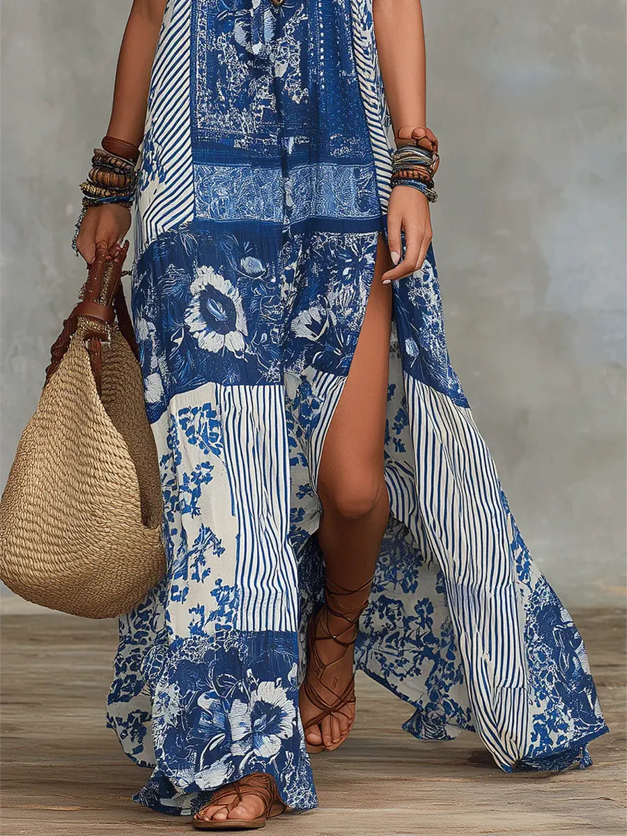 Patchwork Floral Halter Neck Sleeveless Boho Maxi Dress 3