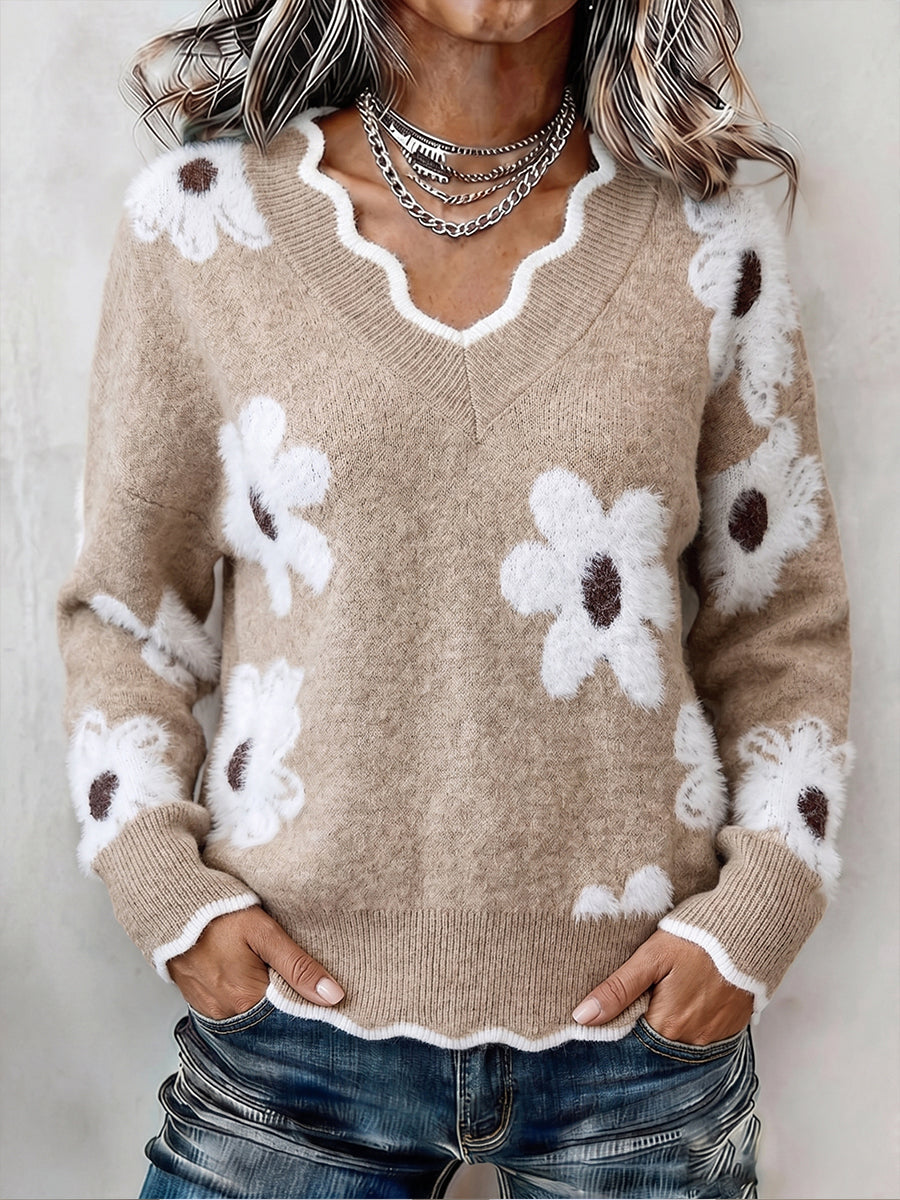 Fuzzy Floral Scalloped V-Neck Long Sleeve Knit Sweater