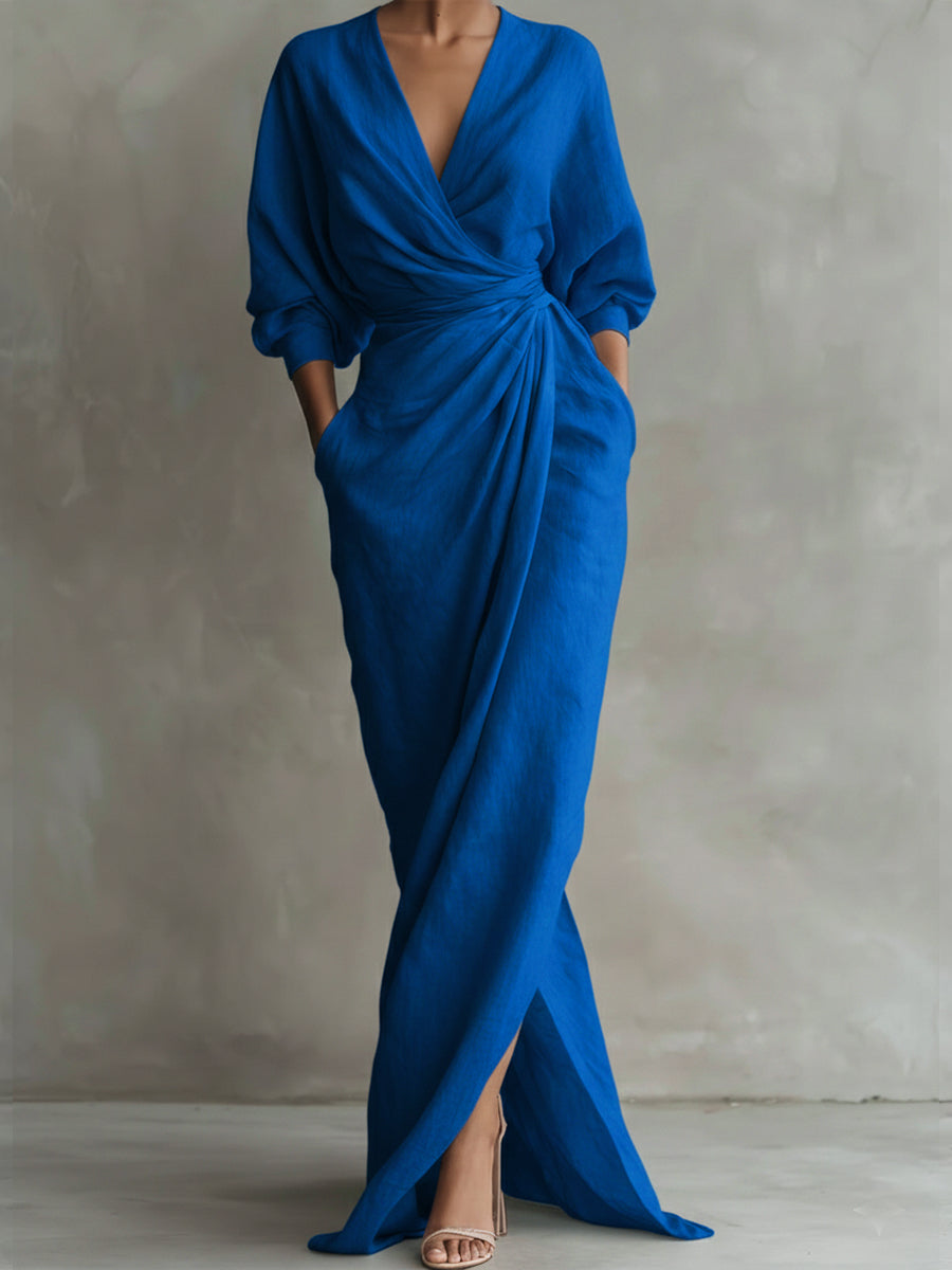 V-Neck Long Sleeve Wrap Draped Maxi Dress 3