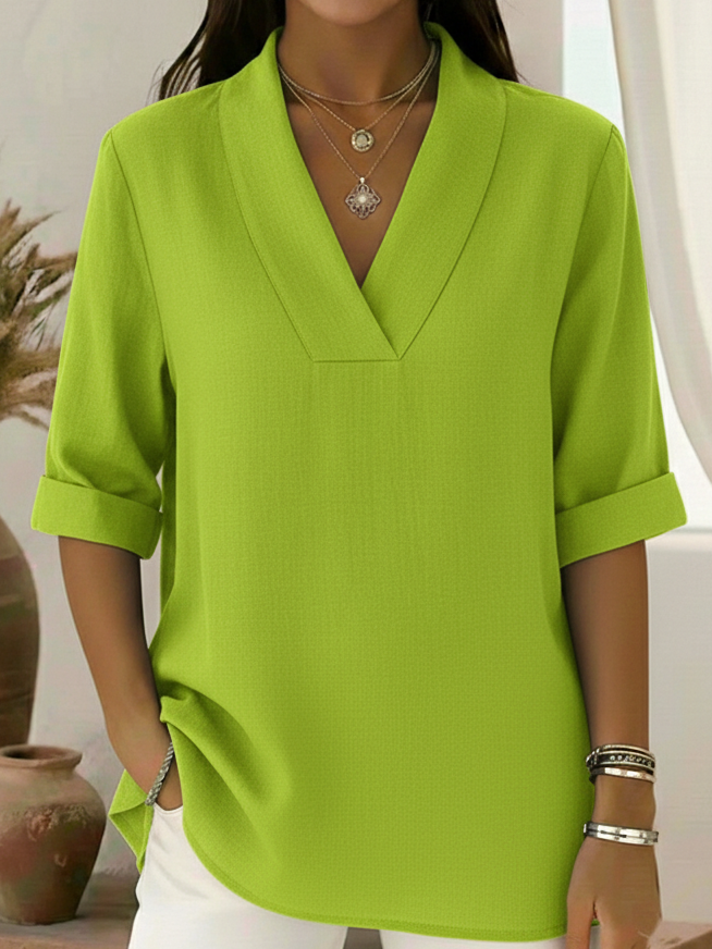 Shawl Collar V-Neck Roll Up Sleeve Blouse 6